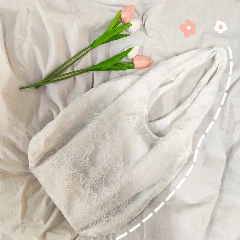Lace Flowers Women Shoulder Bag Thin Polyester Ladies Shopping Handbags Solid Color Girs Book Bags Casual Female Travel Tote Y250730