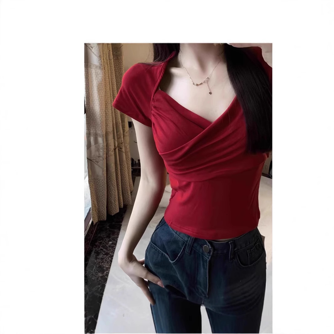 2025 red V-neck cross shoulder short sleeved women's T-shirt summer new slim fit waist unique spicy girl top new designer T-shirt