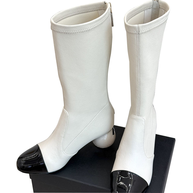 Women Pearls Ball Heel Knee Boots Designer Round-Toed With Zipper Knight Boot Elastic Snow Boot Outdoor Leisure Shoe Classic Black Casual Shoe