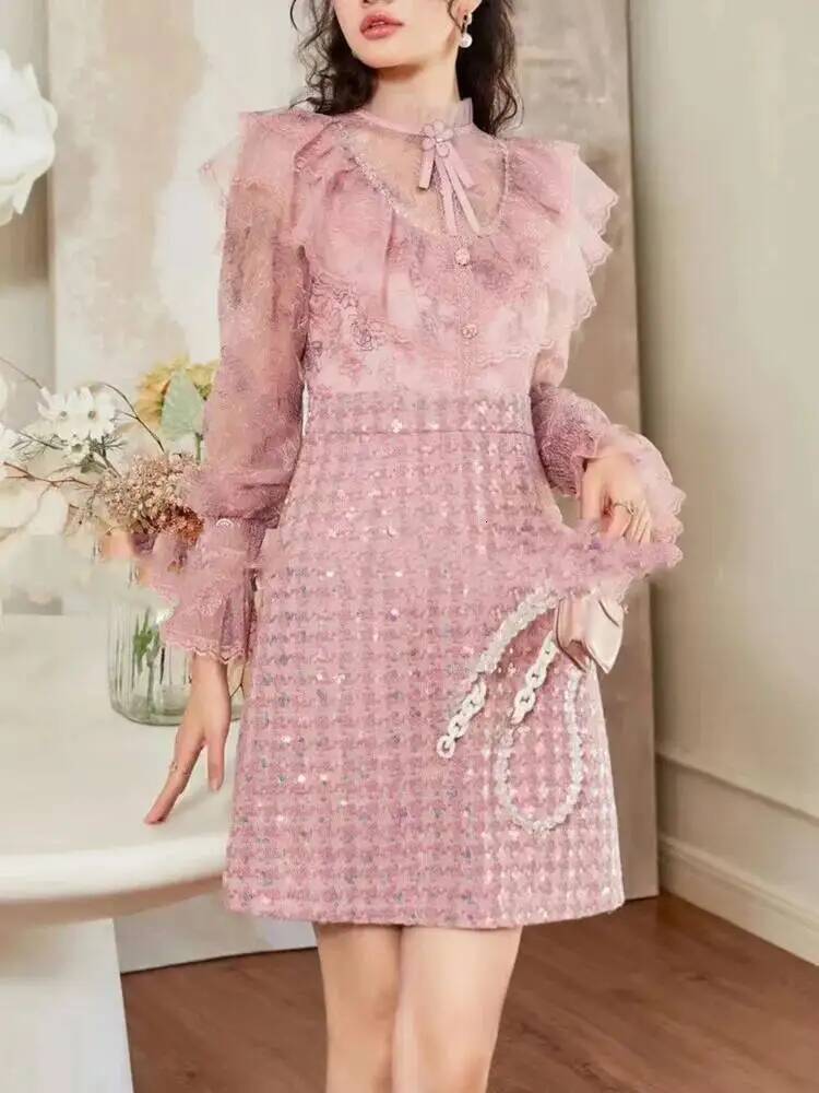 Autumn Flower Embroidery Mesh Patchwork Sequined Tweed Dress Women Ruffled Petal Sleeve Bow A Line Short Party Dresses dongdumaoyi