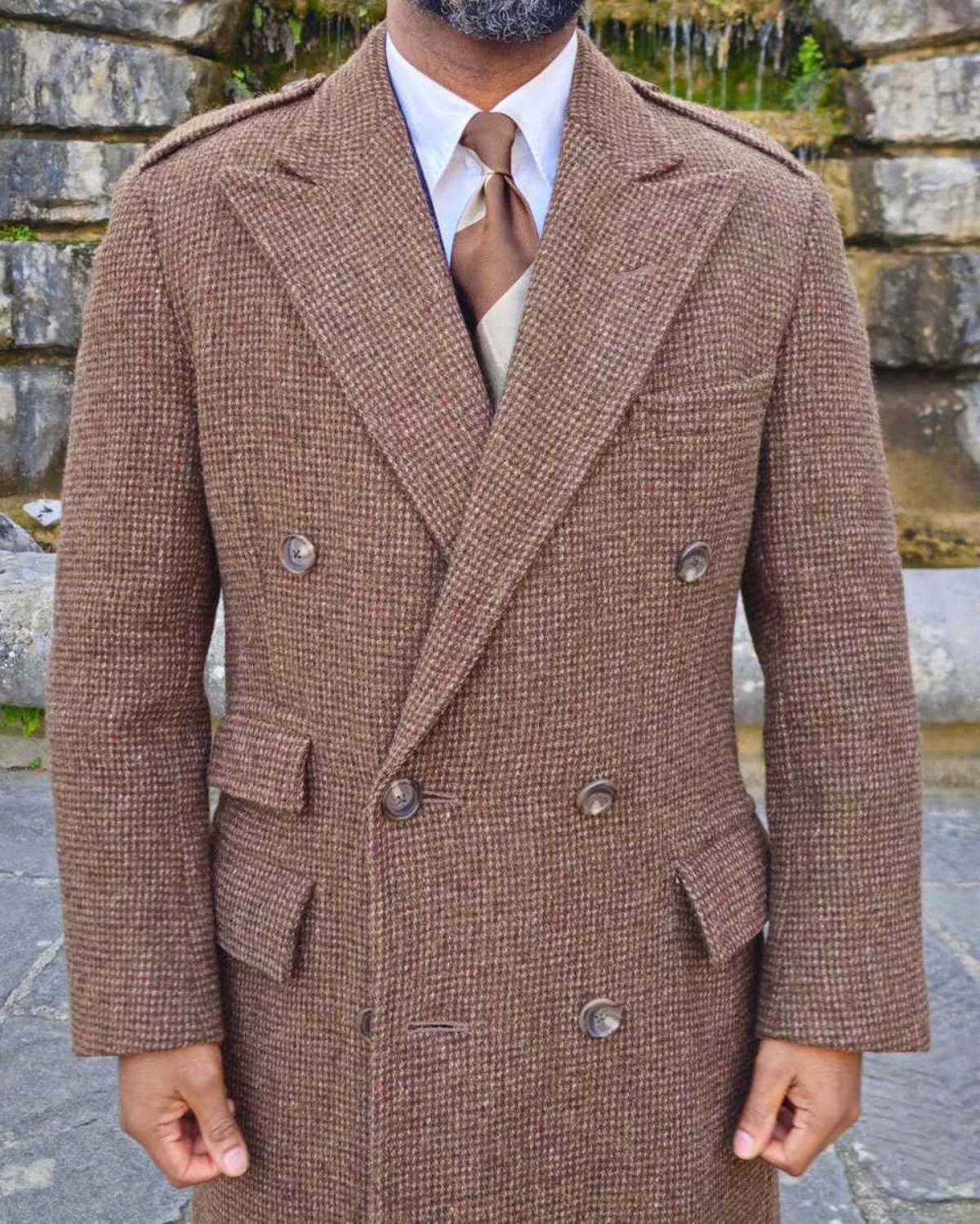 New Men Long Overcoat Tweed Wool Blend Double Breasted Slim Fit Wear Formal Business Outwear Customized