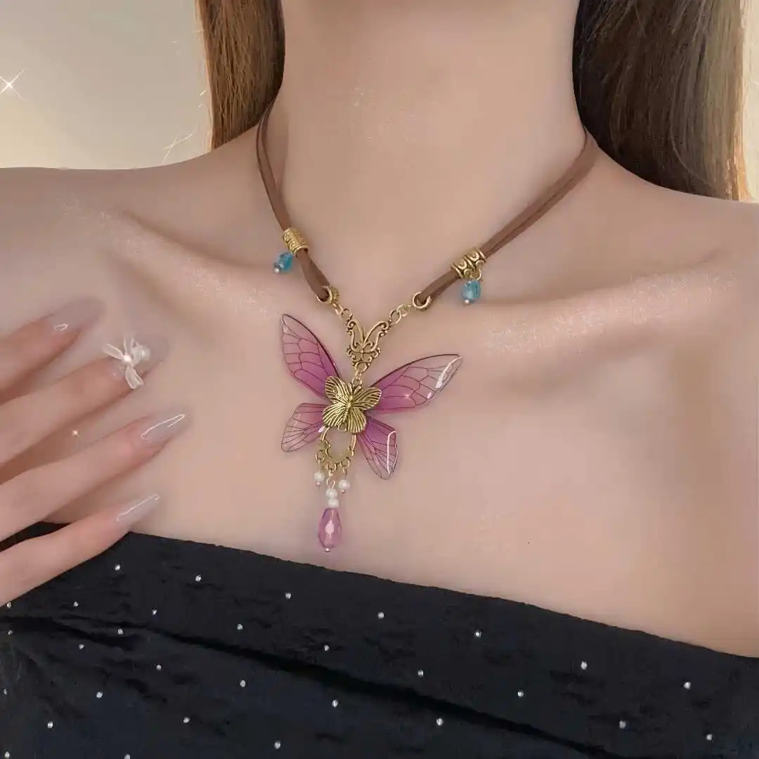 Retro Resin Purple Butterfly Pendant Rope Chain Necklace For Women Ethnic Fashion Accessories 250729