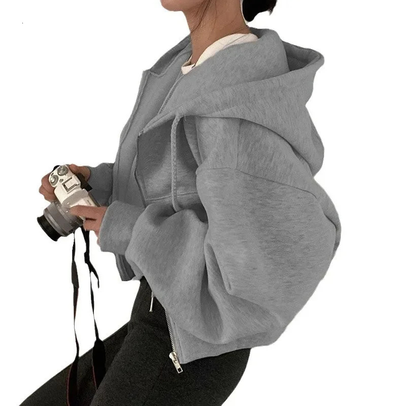 Fashionable Loose Zipper Hooded Jacket Short Pure Color Trendy Sweatshirt Top Korean Style Autumn Winter Womens Clothing 250731