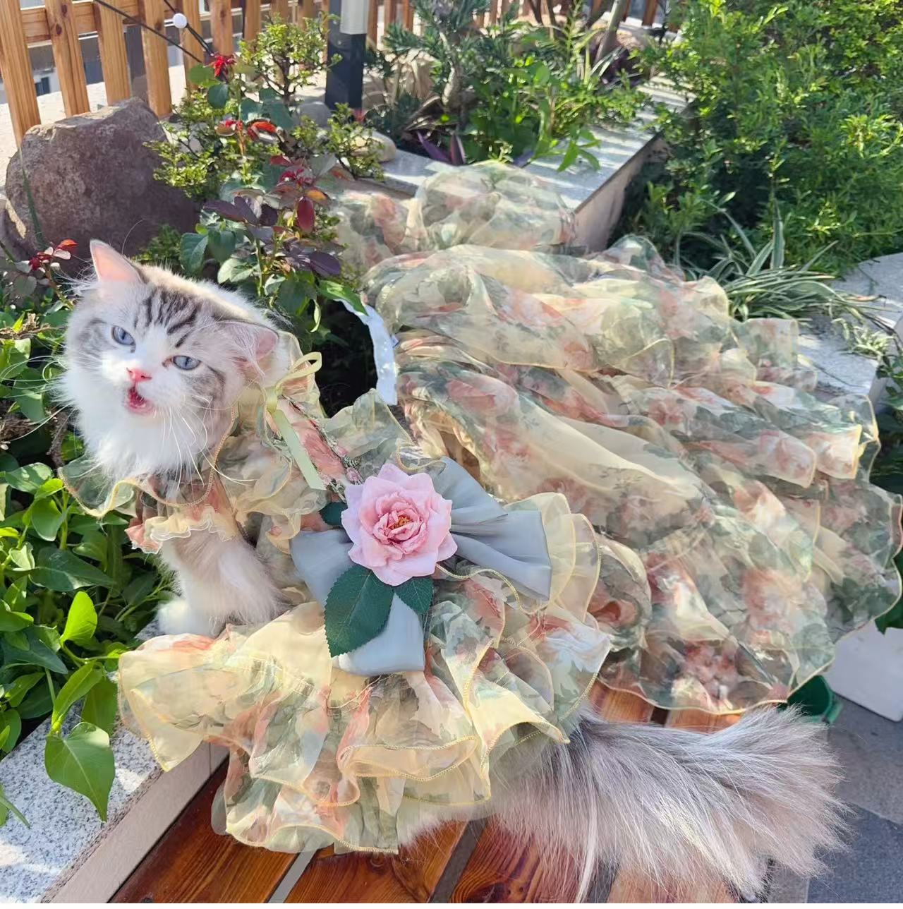 Adorable pet caramel rose heavy-duty flower dress with detachable trailing tail. Original foam pet cat and dog dress.