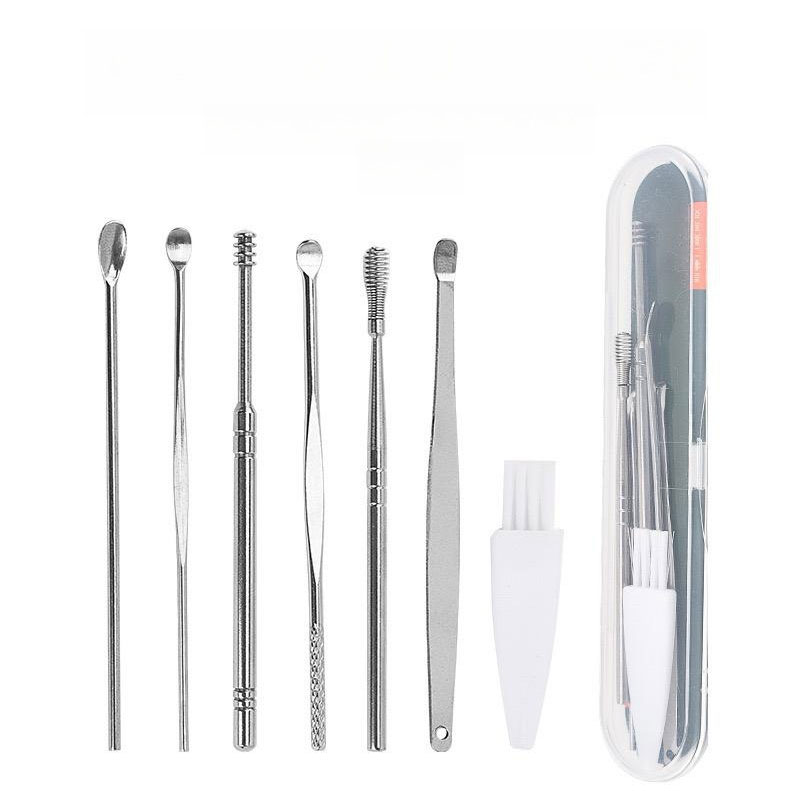 Durable Stainless Steel Ear Scoop Set with Rubber Box - Includes Seven Pieces & Smooth Edges