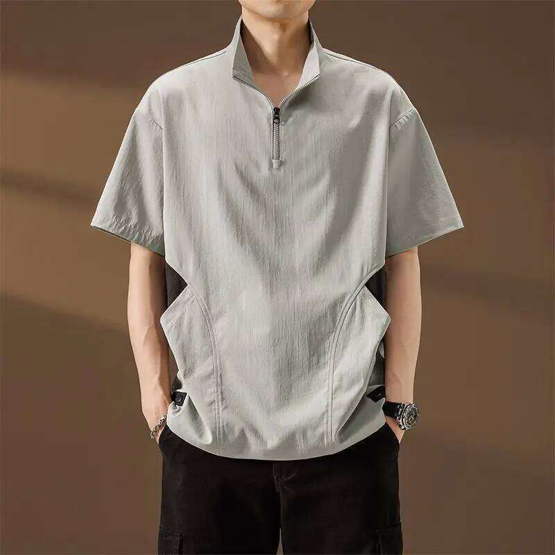 Pocket Zipper Patchwork Street Casual Tops Men's Summer New Thin Short Sleeve Loose Vintage T Shirts Fashion Trend Men Clothing