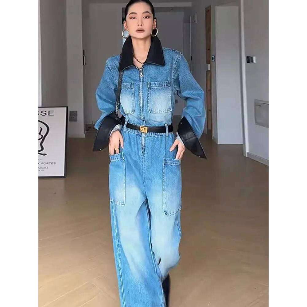 Retro Polo Collar Workwear Denim Jumpsuit Women's Spring And Autumn Color Blocked High Waisted Wide Leg Pants 250728