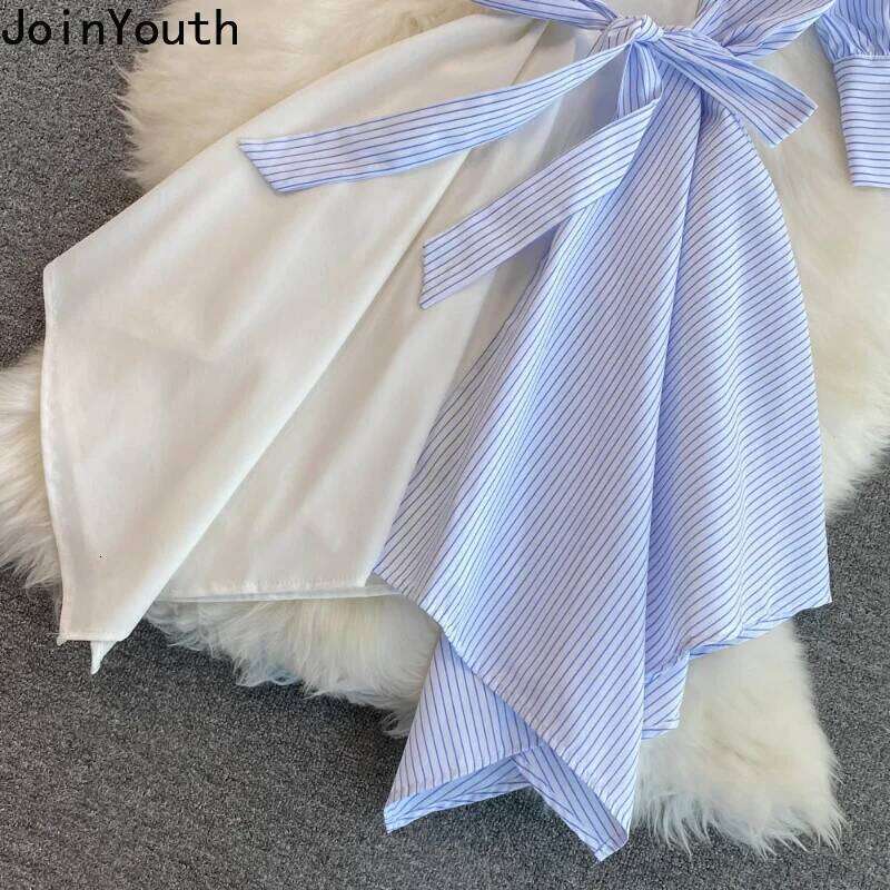 Striped Women Fashion Summer Patchwork Dresses Korean Irregular Long Robe Shirt Dress Elegant Bandage Femme Vestidos