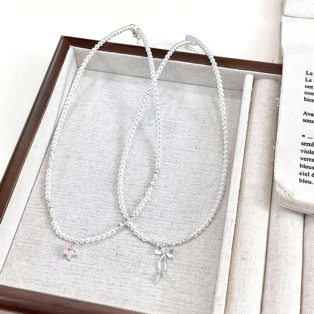 French Style Sweet Temperament Bowknot Zircon Pearl Necklace for Women Light Fresh Fashion Versatile Collarbone Chain f56