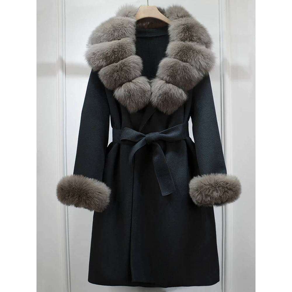 Designer Clothing Janveny 2025 New Fashion Autumn Winter Jacket Women Long Woolen Blend Cashmere Coat Belt Big Real Fox Fur Collar Warm Streetwear Fas