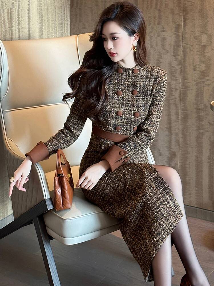 Women Clothes Tweed Plaid Formal Ocn Double Breasted Belt Slim Slit Midi Pencil Dress Elegant Vestidos Commute Casual New dongdumaoyi