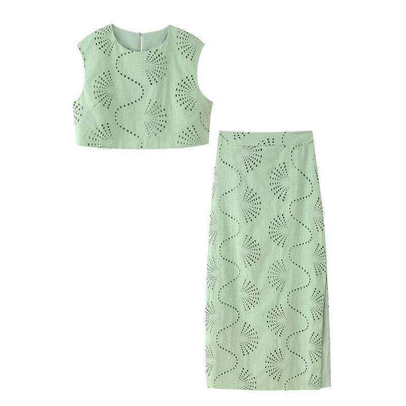 new TRAF women's elegant and gentle hollow embroidery round neck jacket & high waist slit skirt fashion casual suit