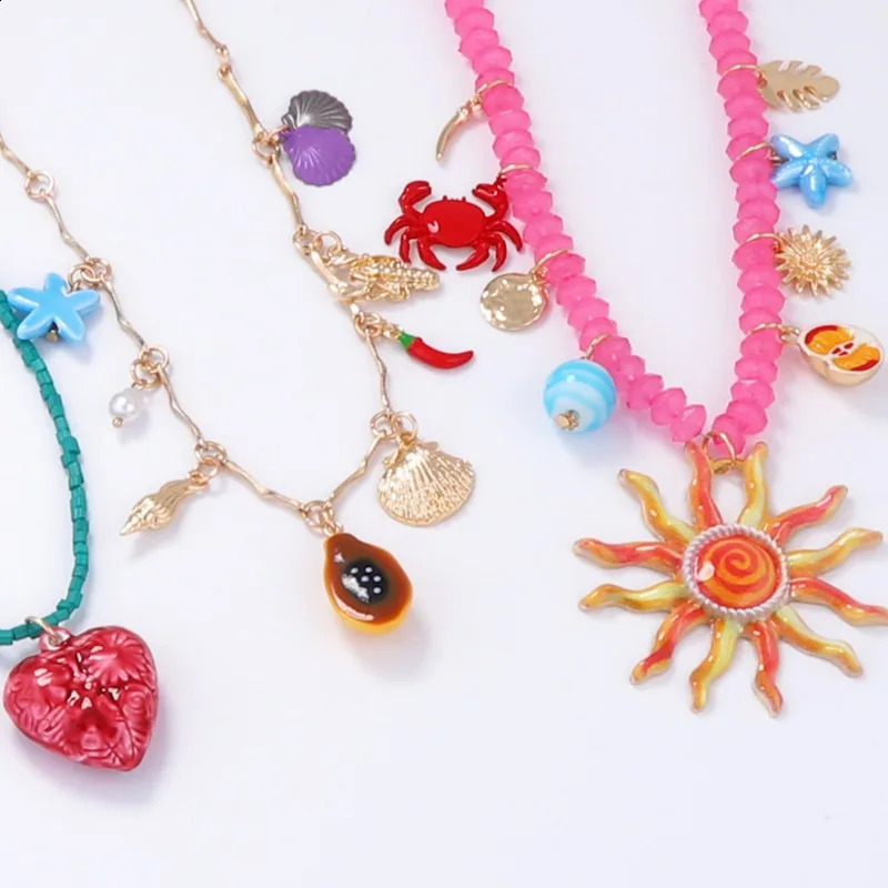 Summer Ocean Vacation Beaded Charms Sun Heart Conch Crab Pendant Necklaces for Women Beach Party Jewelry Neck Accessories 250716