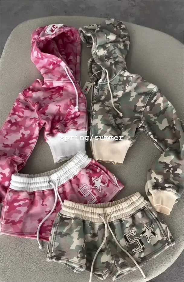 Women Harajuku Camouflage Zip Up Hoodie and Shorts 2 Piece Sets Y2k Sexy Slim Cropping Coat Sweatshirt Gothic Sport Short Suit XJ250731