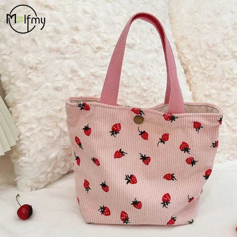 Womens Bag Strawberry Cosmetic Lunch Bento Bag Corduroy Female Travel Shoulder Bags Simple Portable Storage Handbags 2024 Y250730