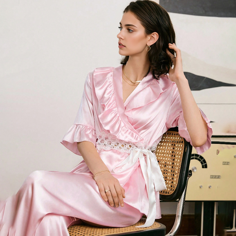 2025 New Women's Spring/Summer Silk Color Lace Openwork Tie-up Short Sleeve Long Pants Pajama Set Homewear