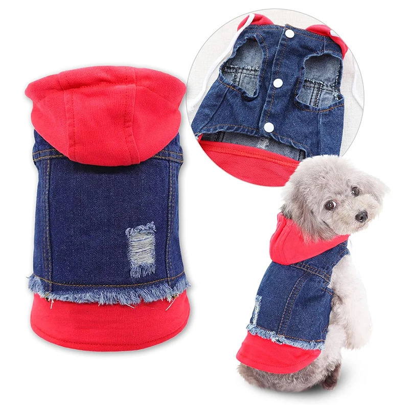 Pet Clothes Dog Jeans Jacket Layered Drawstring Hood Denim Jacket False Two Coat Clothing for Small Medium Dogs Cats Red/Black 250729