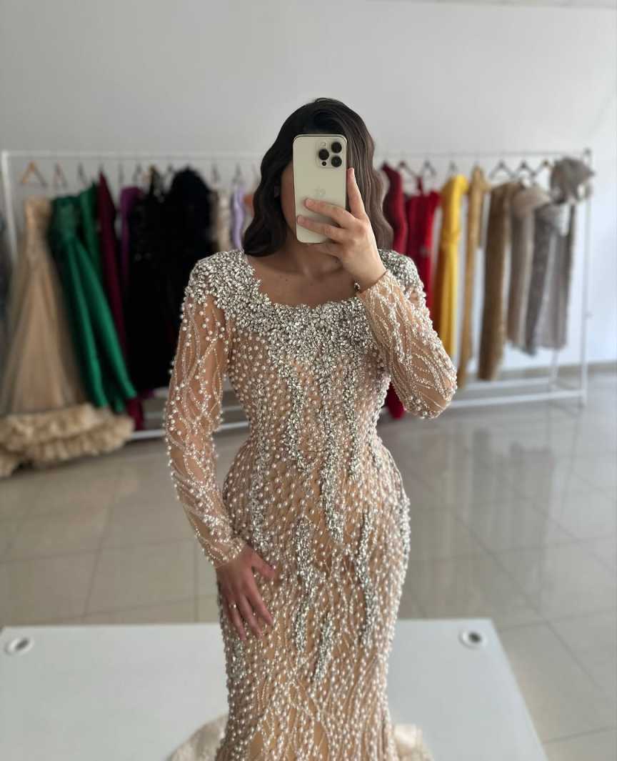 Exquisite Mermaid Evening Dresses For Women Jewel Neck Long Sleeves Gown Crystal Beaded Sweep Train Dress Party Customized Dress