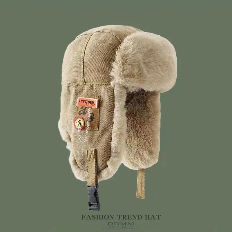 Winter Outdoor Men Russian Pilot Hat Womens Fashion Bomber Hat with Labeling Letter Cotton Faux Fur Soft Warm Trapper 250724