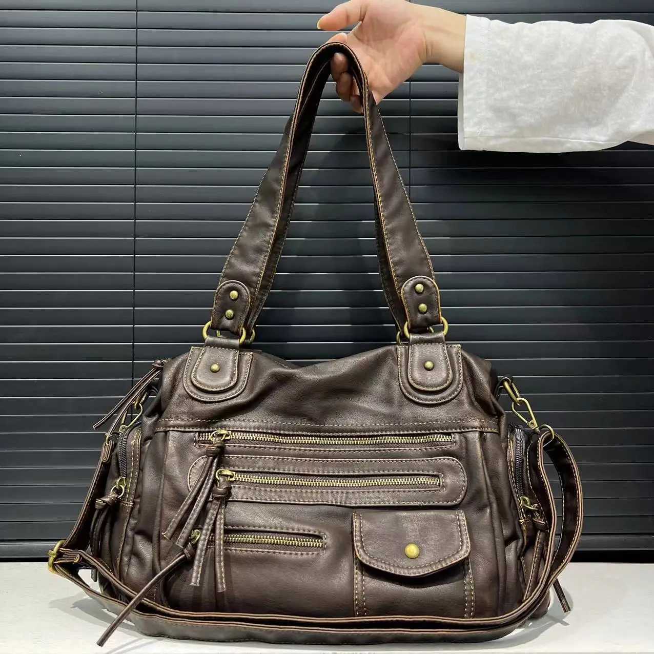 Y2K Hot Single Shoulder Crossbody Bag Vintage WAshed Leather Motorcycle Bag Large Capacity Multi Pocket Bag Y250730