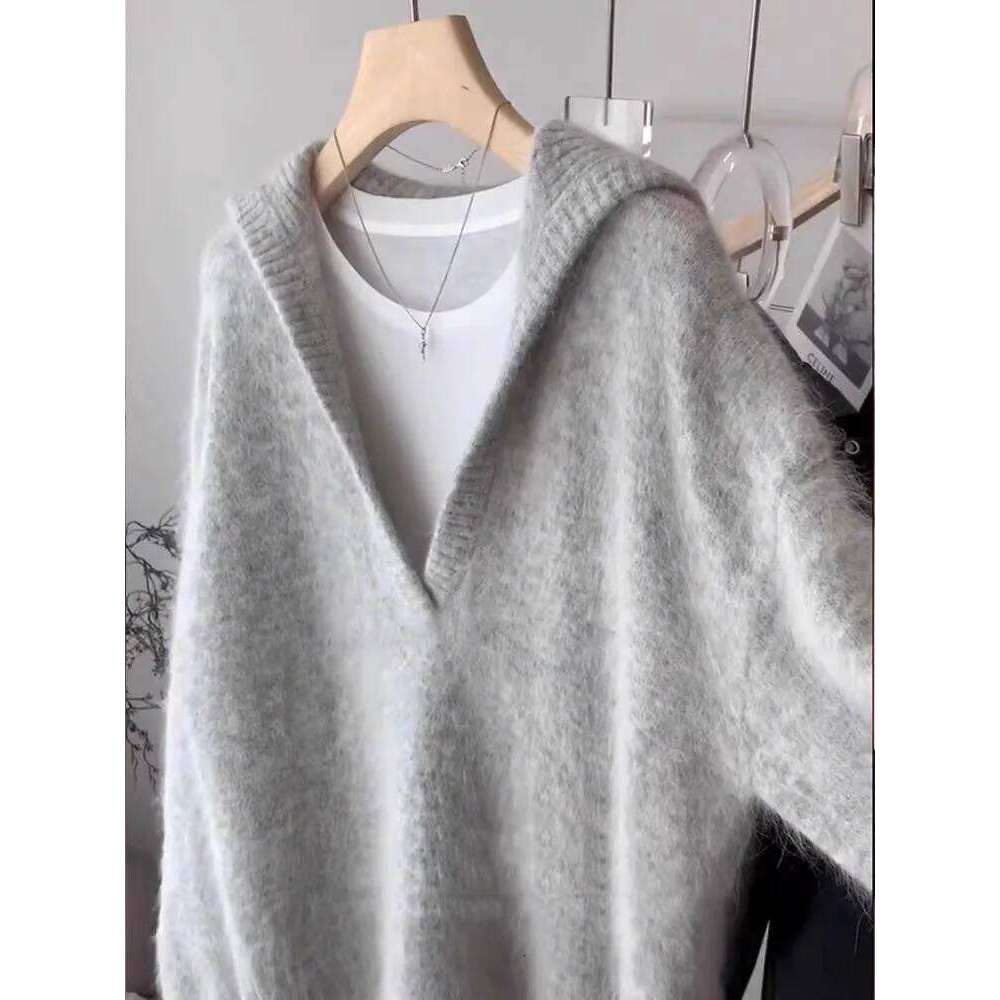 Advanced Gray Alpaca Wool Sweater Women's Autumn And Winter Big Collar V-Neck Fluffy Loose Casual Top 250728