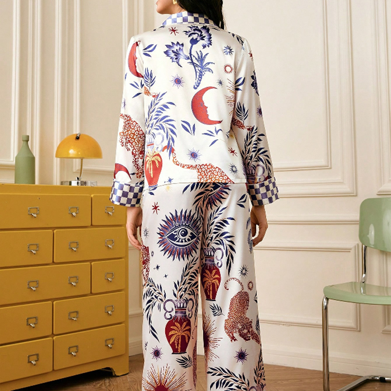 2025 New Women's Spring and Autumn Silk Color-Printed Long-Sleeved Long Pants Pajama Set Homewear