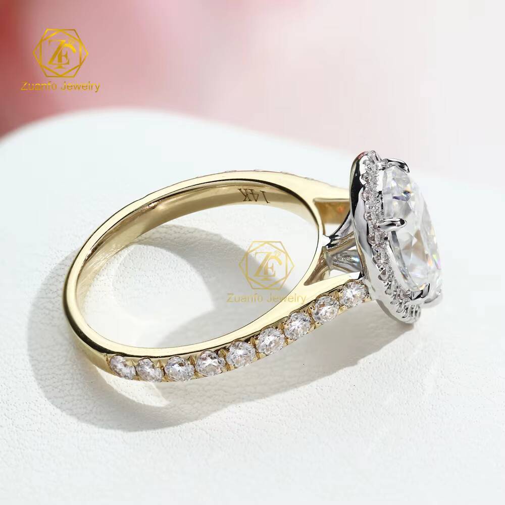 Romantic Women Fine Jewelry Ring Set 2ct Pear Cut 14k Solid Gold Moissanite Halo Ring Set for Wedding Engagement