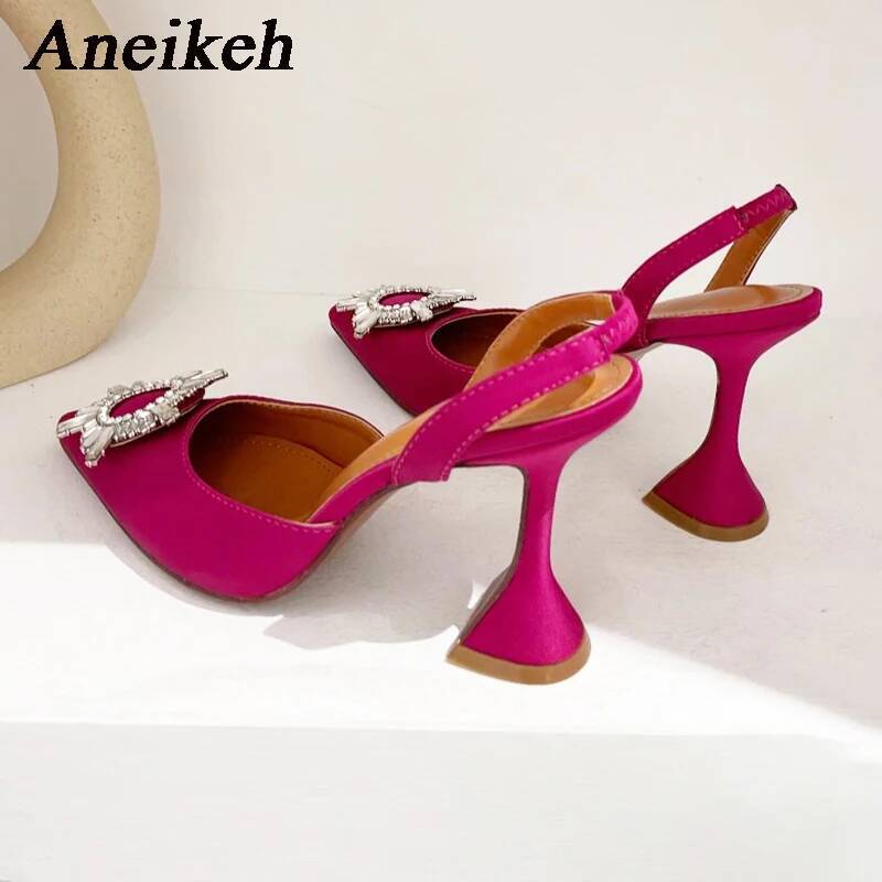 Aneikeh Brand Women Silk Crystal Butterfly Knot High Heels Summer Pointed Shoes Triangle Heeled Bride Pumps