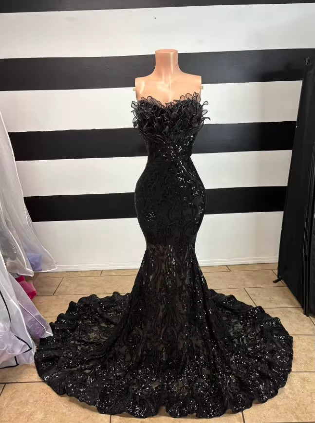 Black Sparkly Long Mermaid Party Occasion Dresses Ruffles Strapless Gillter Corset Top Prom Gala Gown Customsized