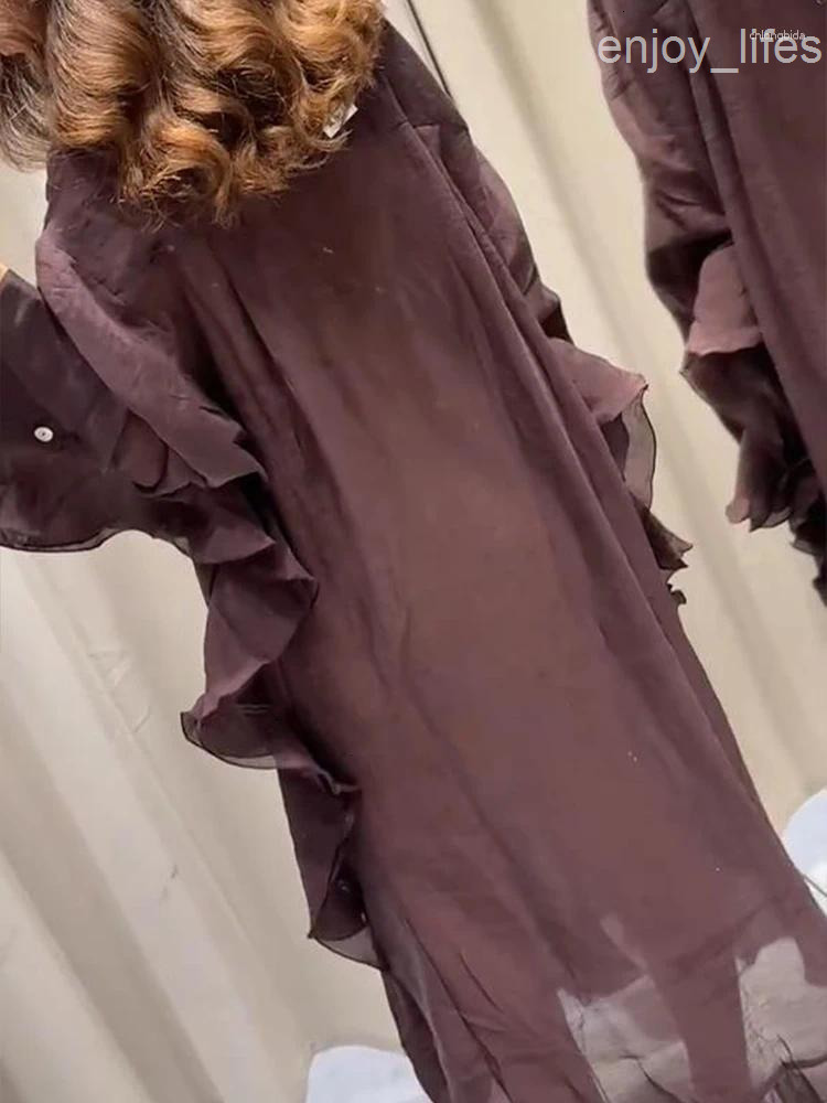 Casual Dresses Fashion Solid Patchwork Ruffle Hem Long Dress For Women Loose Full Sleeve V-neck Maxi Lady 2025 Summer Vacation Vestidos
