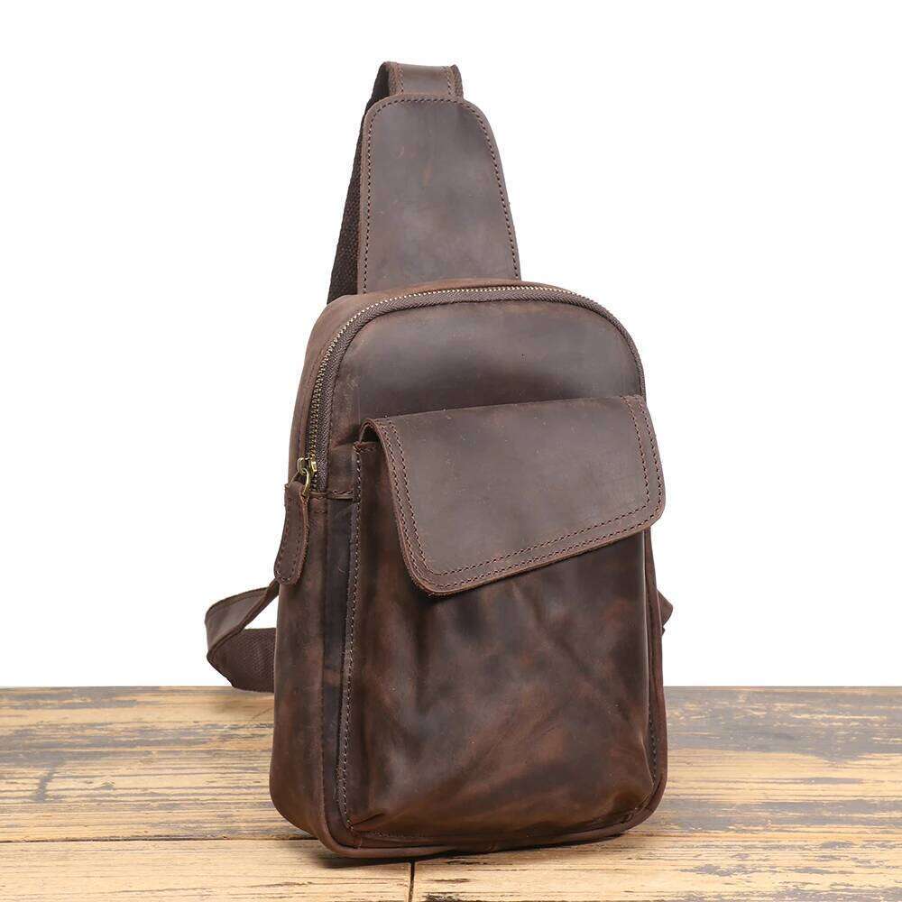 LUOKIR New Vintage Men's Chest Crazy Horse Leather Casual Crossbody Backpack Cowhide Large Capacity Shoulder Bag 250731