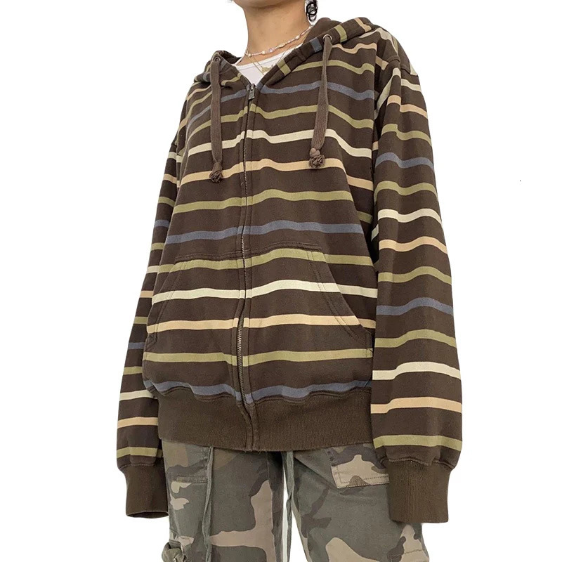 Y2k Zip Up Striped Hoodie Women Oversized Goth Sweatshirt EGirl Grunge Long Sleeve Graphic Jacket Fall Streetwear 250730