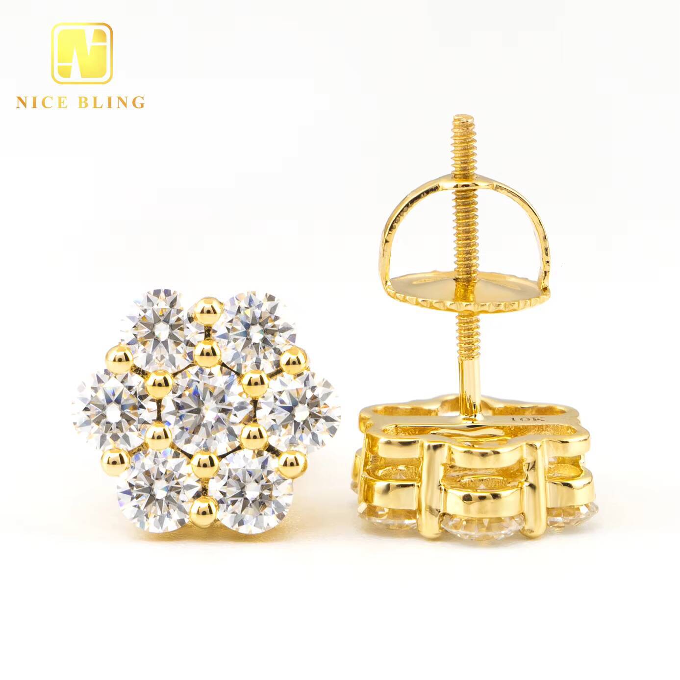 Ready to Ship Flower Shape 10K Solid Gold with Moissanite Diamond Vvs Mens Earrings Gold Stud Earrings