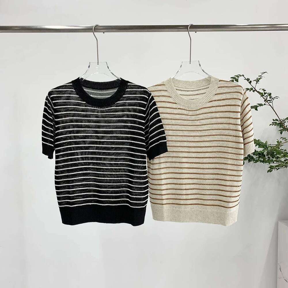 Designer Clothing 2025 Summer Striped Linen Cotton Blended Sweater Breathable And Comfortable Knitted T-Shirt Top For Women