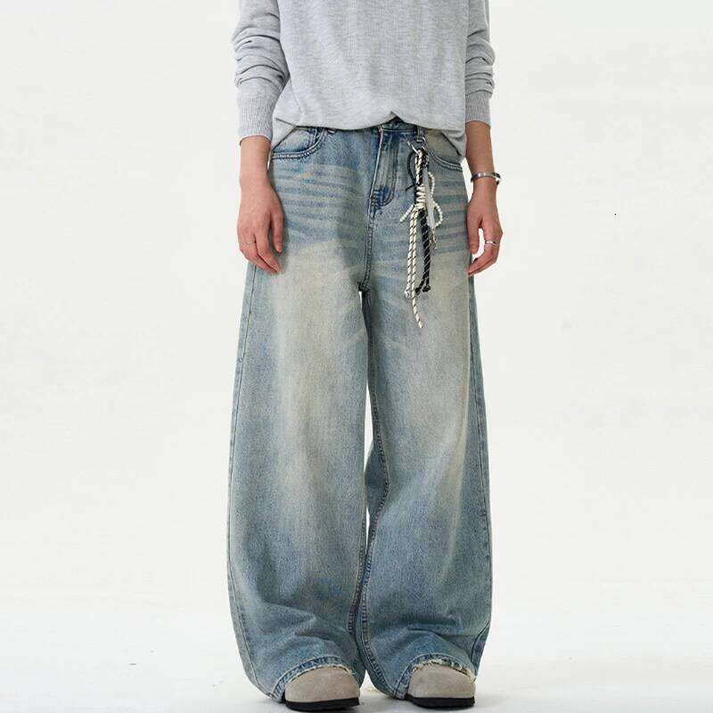 Distressed Jeans Solid Color Washing Summer Men Trousers Loose Wide Leg Casual Straight Moustache Effect Male Bottom