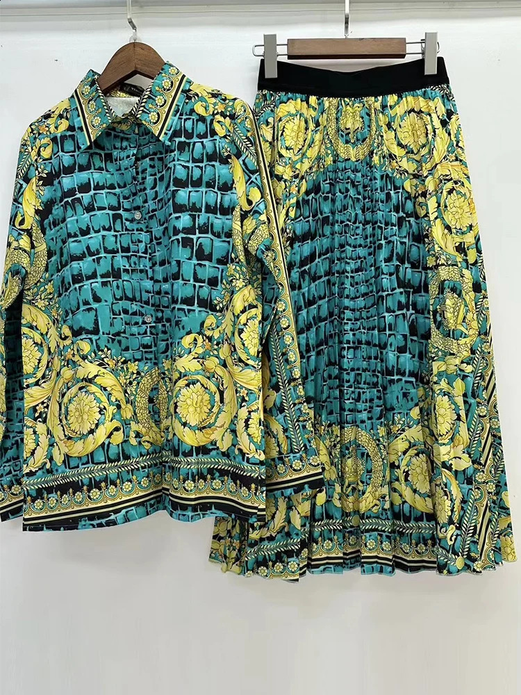 Retro lapel long sleeve geometric print shirt elastic waist big swing skirt spring and summer womens two-piece fashion suit 250728
