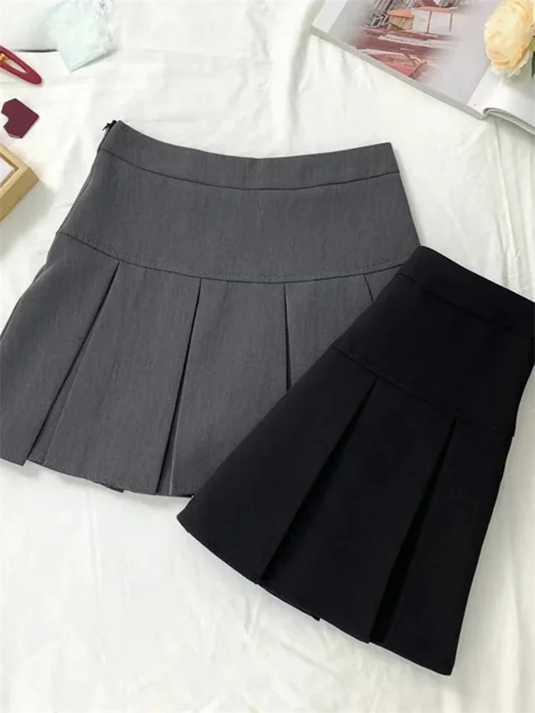 Vintage Gray Pleated Skirt Women Kawaii High Waist Mini Skirts Korean Fashion School Uniform Harajuku Streetwear Spring 250730