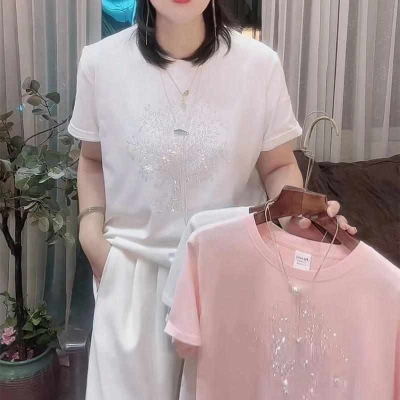 2025 Womens Round Neck Diamonds Printed Tshirts Summer Fashion Commute Cotton Solid Loose Short Sleeve Casual Tops 250724