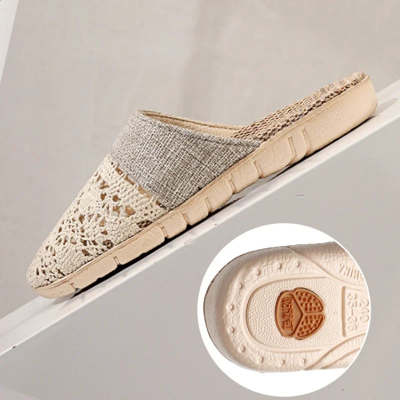 Women Indoor Linen Slippers 2025 Spring Summer Shoes Anti-slip Light Weight Breathable Lace Couples Home Floor Slides 250725