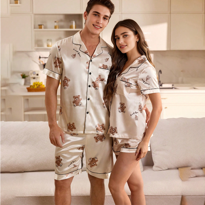 2025 New Men's Satin Pajamas Set Short Sleeve Bear Print Sleepwear Summer Home Lounge Wear