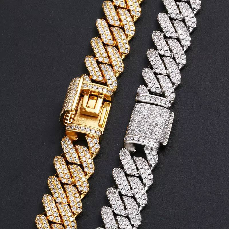 Hip Hop Cuban Link Chain 14mm Two Row Diamonds 925 Silver Iced Out D VVS Moissanite Diamond