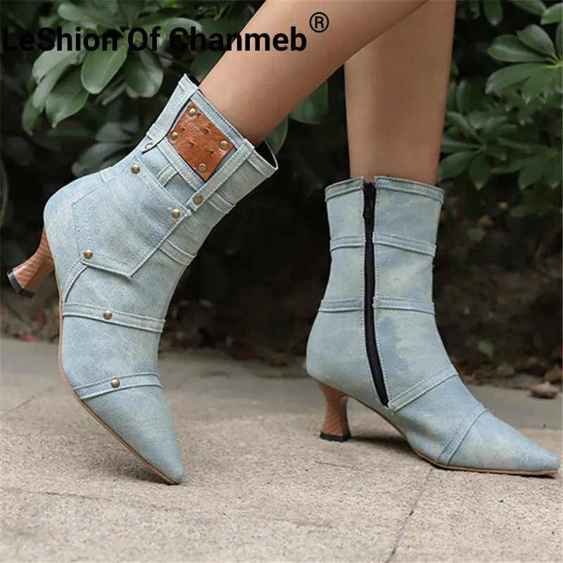 LeShion Of Chanmeb Big Size 48 Women Blue Denim Jeans Boots Spike Heels Zipper Pocket Punk Rivets Short Boots High-heeled Shoes 250729