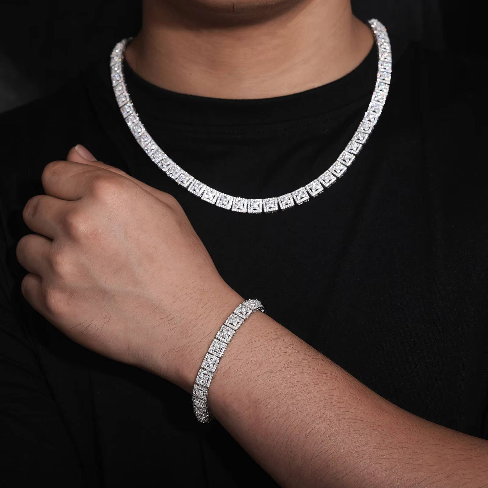 Fine Jewelry 8mm 925 Sterling Silver VVS Moissanite Gold Plated Four Leaf Clover Square Geometric Link Chain Necklace