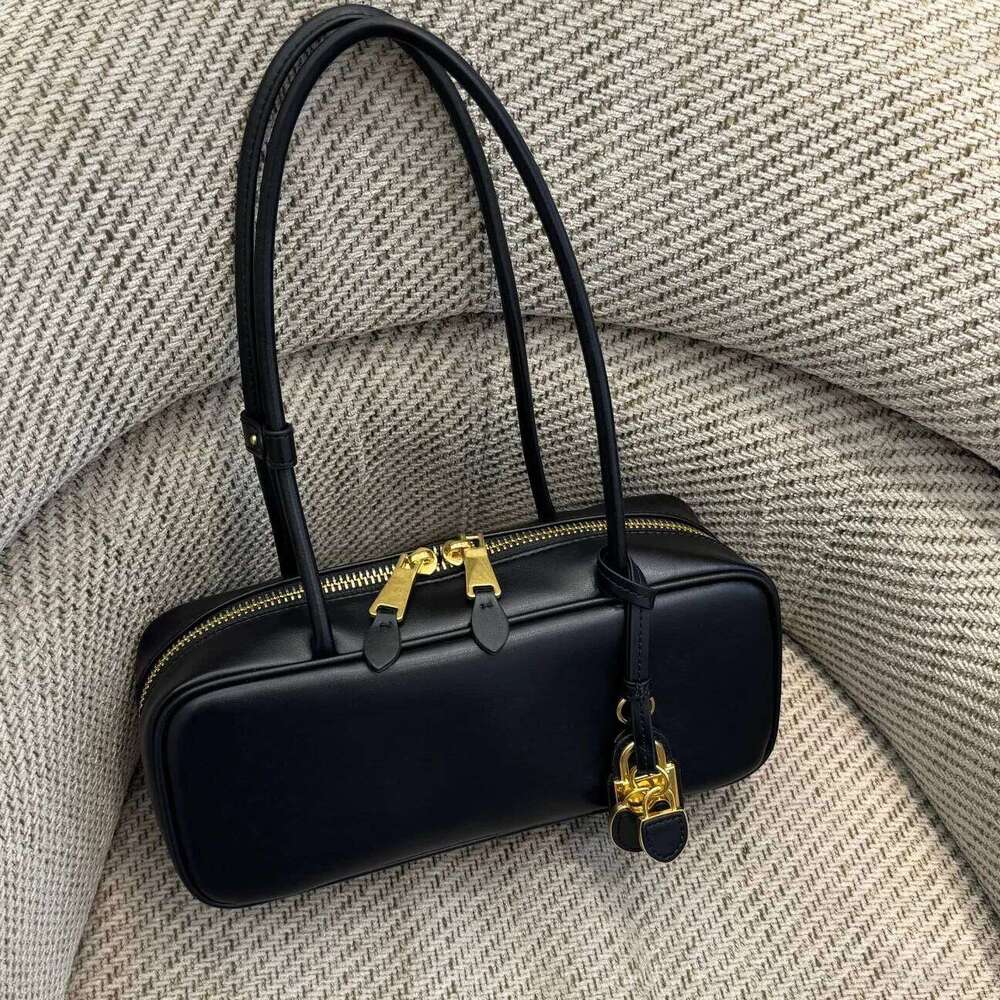 Cowhide Bowling 2025 New Vintage Lock Small Pendant Handbag Genuine Leather Women's Large Capacity Armpit Shoulder Bag