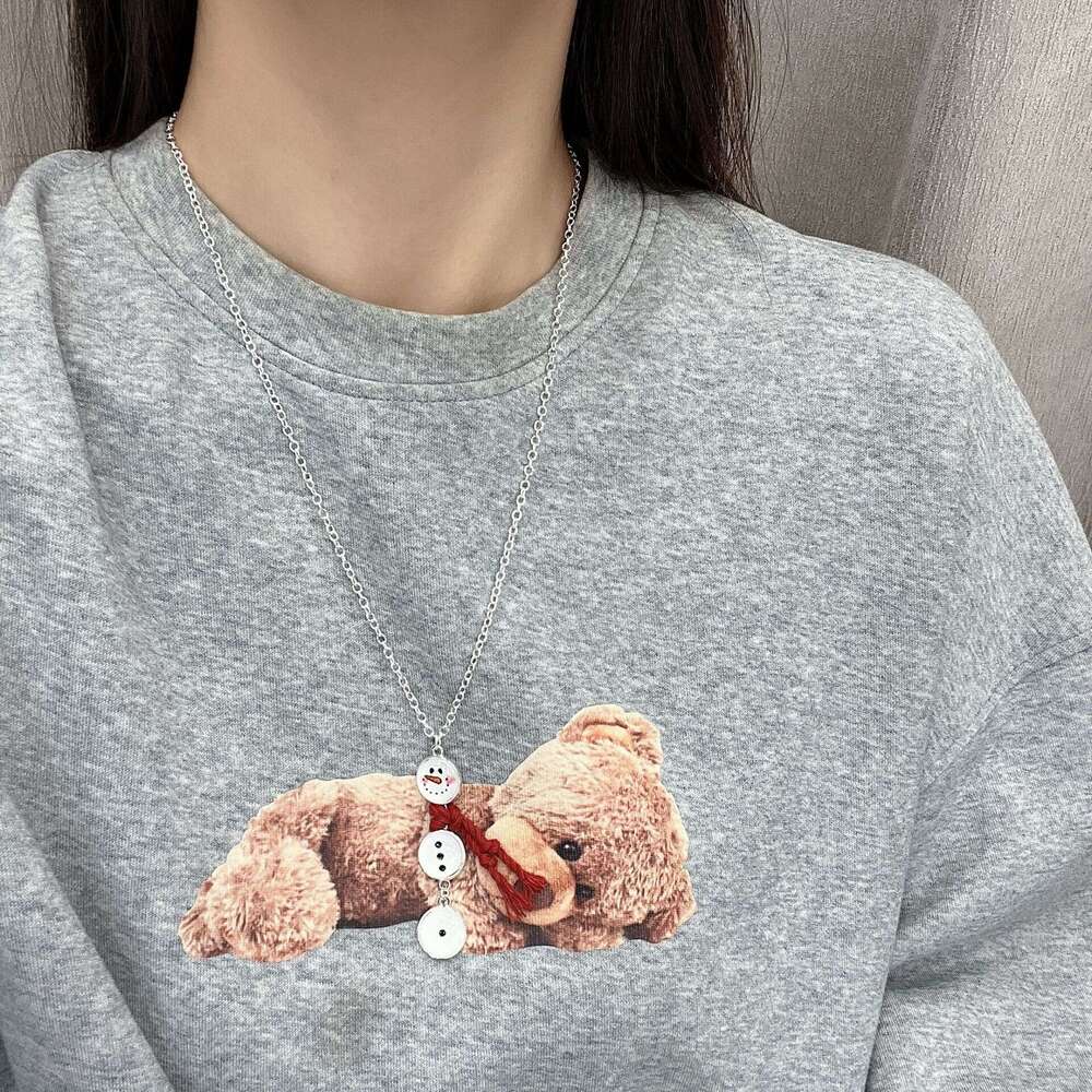White Button Tassel Cute Snowman Pendant Necklace Niche High-end Personality Cool Korean Style Autumn Winter Collarbone Chain 177