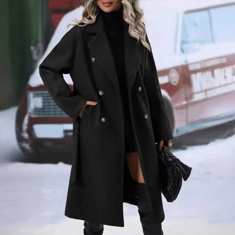Womens Double Breasted Trench Coat Mid Length Wool Long Sleeve Notched Lapel Overcoat with Belt Fall Winter Outerwear 250730