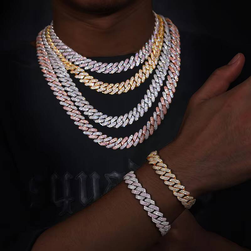 Hip Hop Jewelry 14mm 925 Sterling Silver VVS Moissanite Diamond Iced Out Miami Cuban Link Chain Bracelet Necklace
