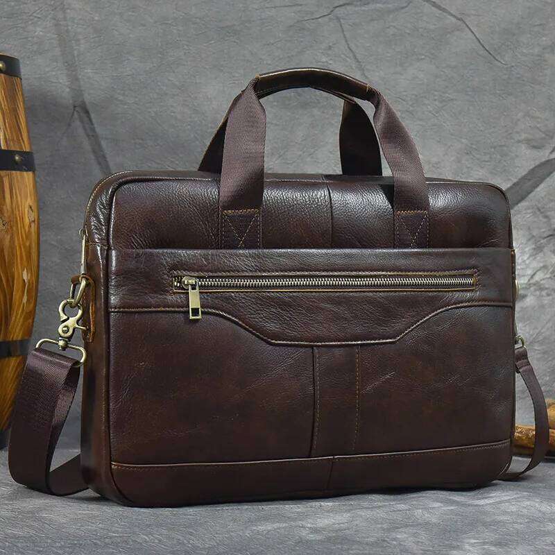 Brand Men Laptop 14 Inch Genuine Leather Business Briefcases Work Tote With Strap Male Messenger Bag