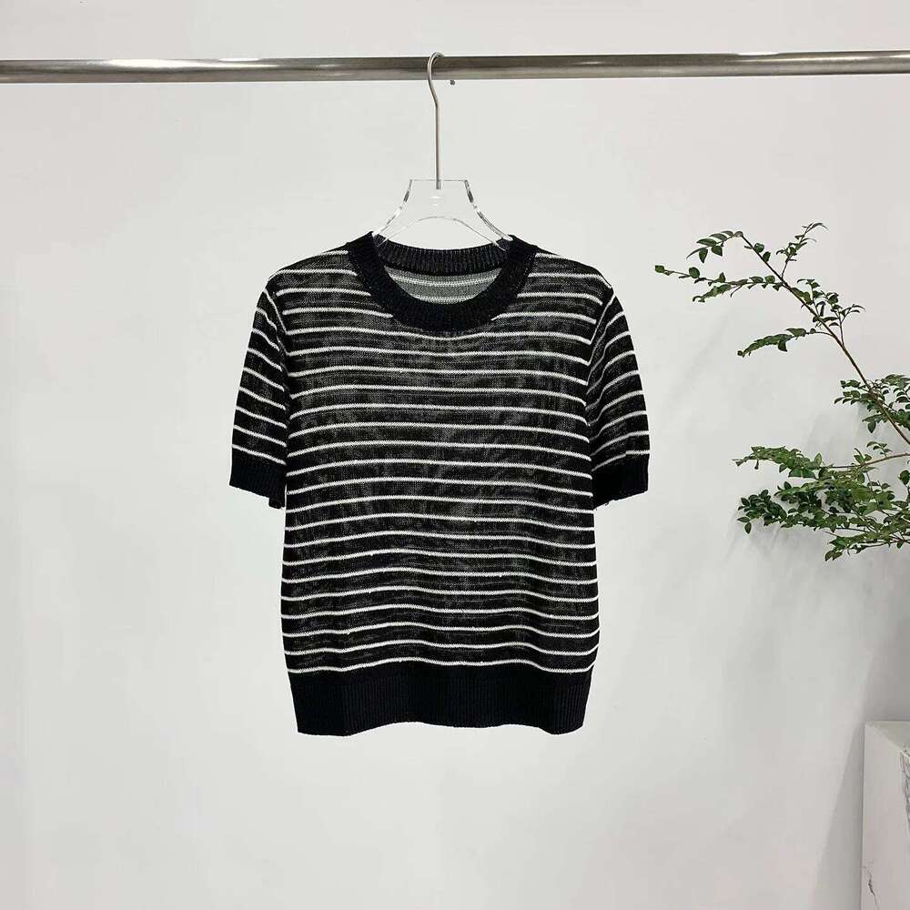 Designer Clothing 2025 Summer Striped Linen Cotton Blended Sweater Breathable And Comfortable Knitted T-Shirt Top For Women