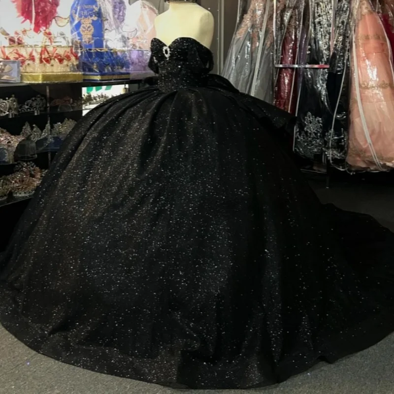 Black Shiny Quinceanera Dresses Off The Shoulder Sequin Beads Mexican Vestidos 15 De Anos Princess Party Birthday Sweet 16 Dress